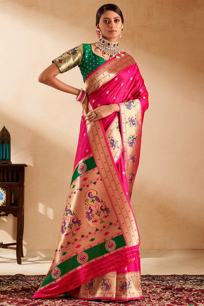 Capricious Dark Pink Paithani Silk Saree With Opulent Blouse Piece