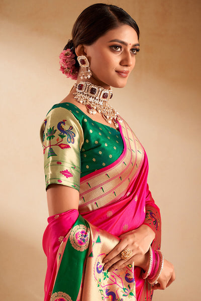 Capricious Dark Pink Paithani Silk Saree With Opulent Blouse Piece