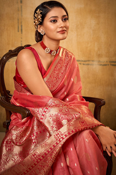 Beautiful Tomato Soft Banarasi Silk Saree With Mesmerising Blouse Piece