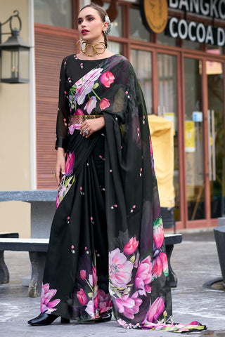 Bewitching Black Digital Printed Georgette Saree With Majestic Blouse Piece
