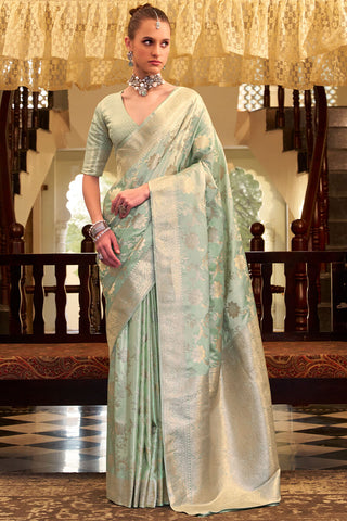 Admirable Pista Banarasi Satin Silk Saree With Sensational Blouse