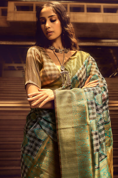 Appealing Grey and Green Soft Banarasi Silk Saree With Radiant Blouse