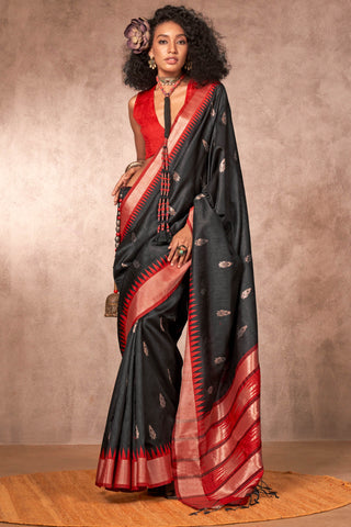 Breathtaking Black Soft Banarasi Silk Saree With Moiety Blouse Piece