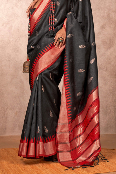 Breathtaking Black Soft Banarasi Silk Saree With Moiety Blouse Piece