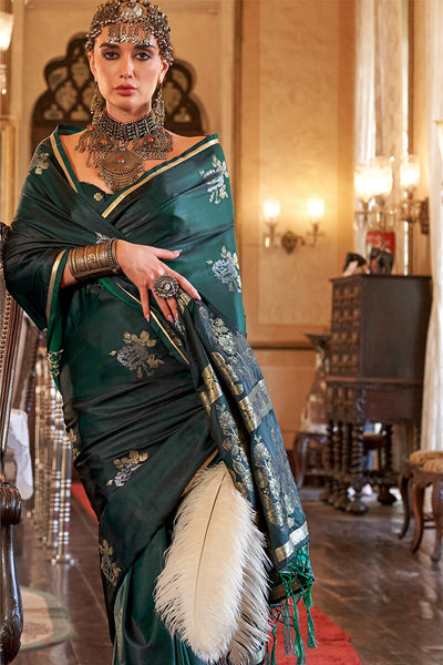 Arresting Dark Green Banarasi Satin Silk Saree With Desiring Blouse
