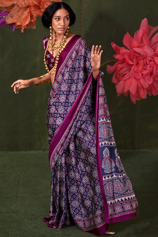 Admirable Blue Ajrakh Printed Satin Silk Saree With Jubilant Blouse Piece