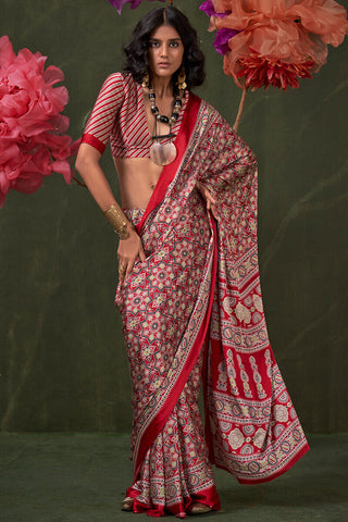 Bucolic Red Ajrakh Printed Satin Silk Saree With Propinquity Blouse Piece