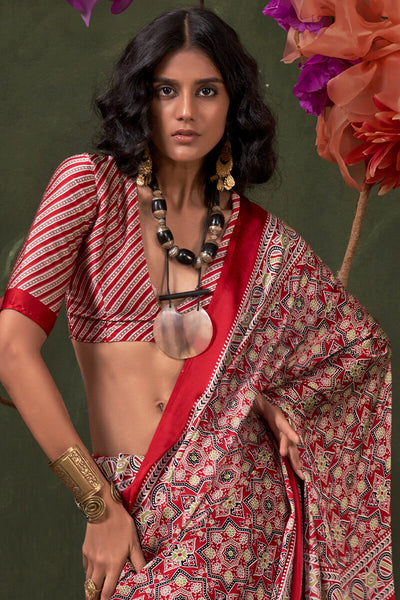 Bucolic Red Ajrakh Printed Satin Silk Saree With Propinquity Blouse Piece