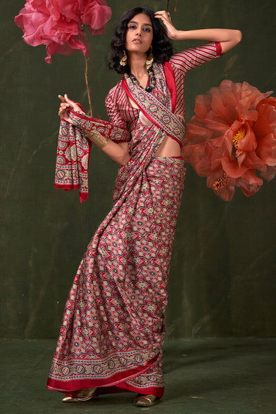 Bucolic Red Ajrakh Printed Satin Silk Saree With Propinquity Blouse Piece