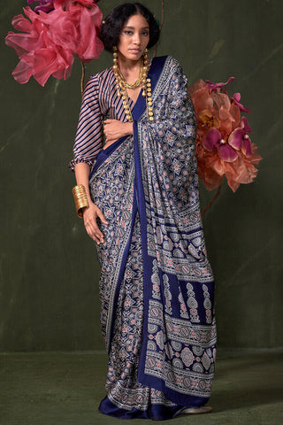 Appealing Navy Blue Ajrakh Printed Satin Silk Saree With Susurrous  Blouse Piece