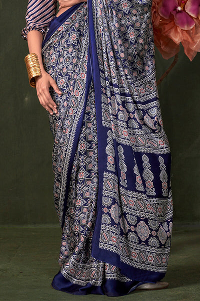 Appealing Navy Blue Ajrakh Printed Satin Silk Saree With Susurrous  Blouse Piece