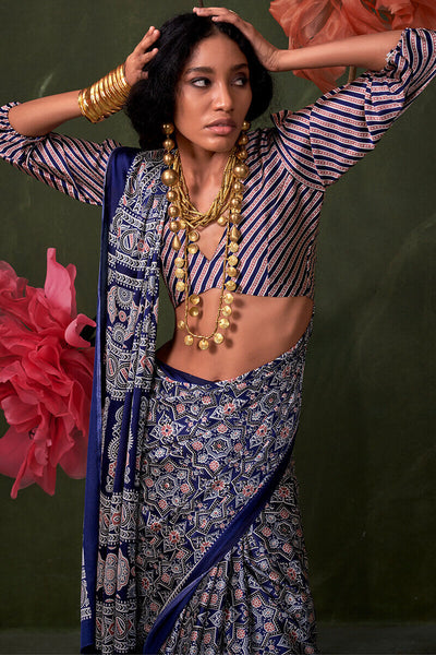 Appealing Navy Blue Ajrakh Printed Satin Silk Saree With Susurrous  Blouse Piece