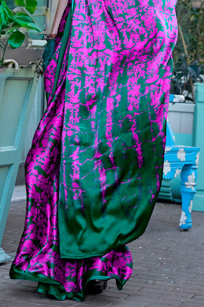 Breathtaking Magenta and Green Digital Printed Satin Silk Saree With Blissful Blouse Piece