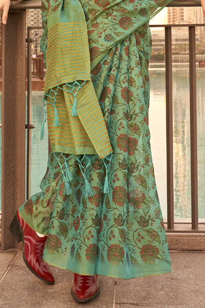 Adorable Green Digital Printed Tissue Silk Saree With Groovy Blouse Piece