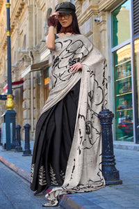 Alluring Beige and Black Digital Printed Satin Silk Saree With Mesmerising Blouse Piece