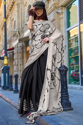 Alluring Beige and Black Digital Printed Satin Silk Saree With Mesmerising Blouse Piece