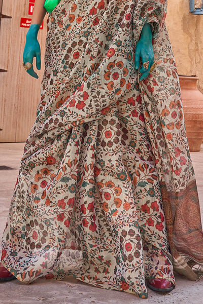 Attractive Off White Digital Printed Tissue Silk Saree With Phenomenal Blouse Piece