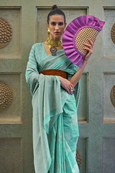 Adorable Sea Green Lucknowi Silk Saree With Ravishing Blouse Piece