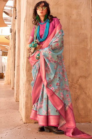 Woebegone Turquoise Digital Printed Cotton Silk Saree With Murmurous Blouse Piece