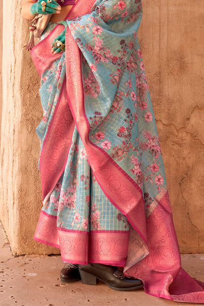 Woebegone Turquoise Digital Printed Cotton Silk Saree With Murmurous Blouse Piece