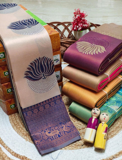 Flaunt Beige and Blue Soft Silk Saree With Dissemble Blouse Piece