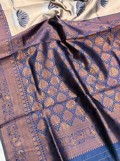 Flaunt Beige and Blue Soft Silk Saree With Dissemble Blouse Piece