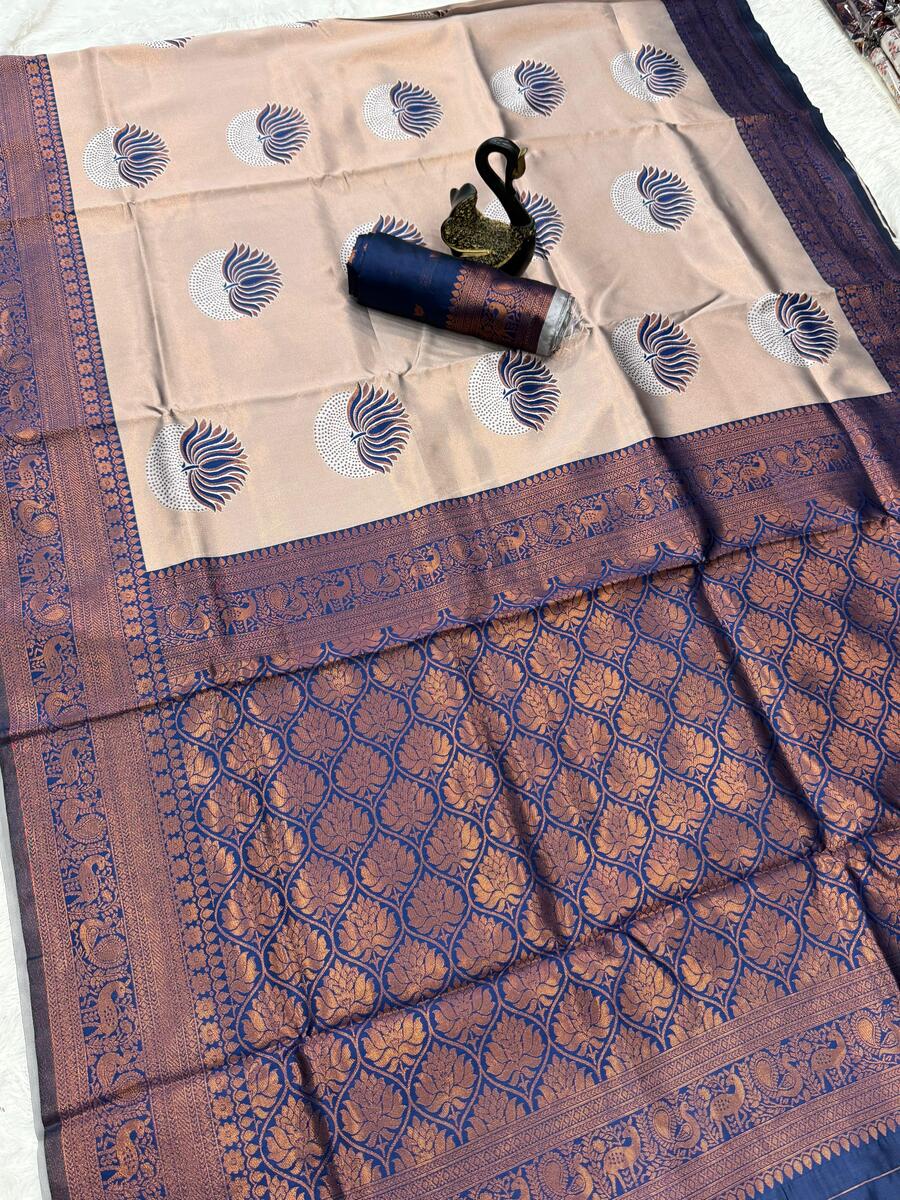 Flaunt Beige and Blue Soft Silk Saree With Dissemble Blouse Piece
