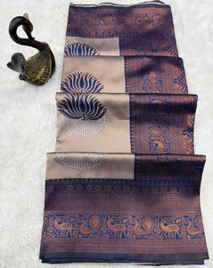 Flaunt Beige and Blue Soft Silk Saree With Dissemble Blouse Piece