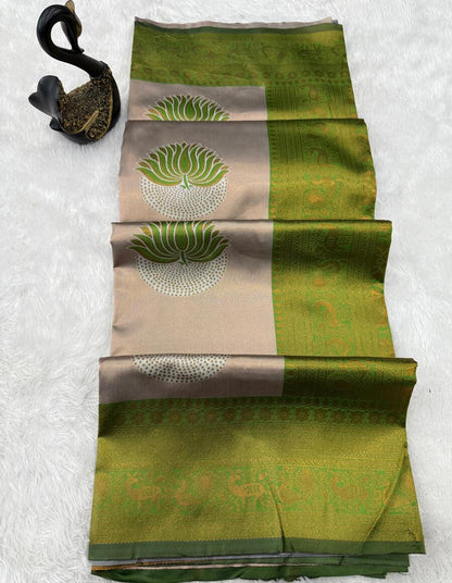 Demanding Beige and Green Soft Silk Saree With Jubilant Blouse Piece