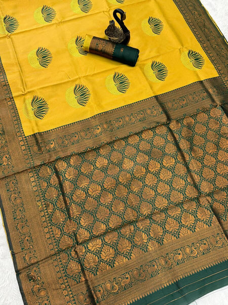 Susurrous Yellow and Green Soft Silk Saree With Vestigial Blouse Piece
