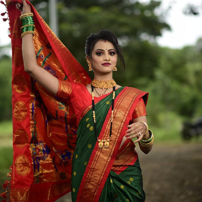 Glorious Green Paithani Silk Saree With Ethnic Blouse Piece