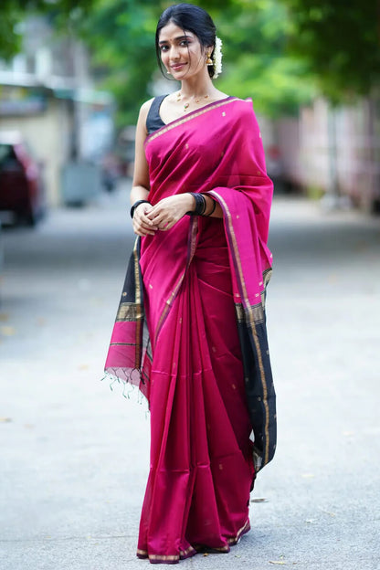 Smashing Dark Pink Cotton Silk Saree With Prodigal Blouse Piece