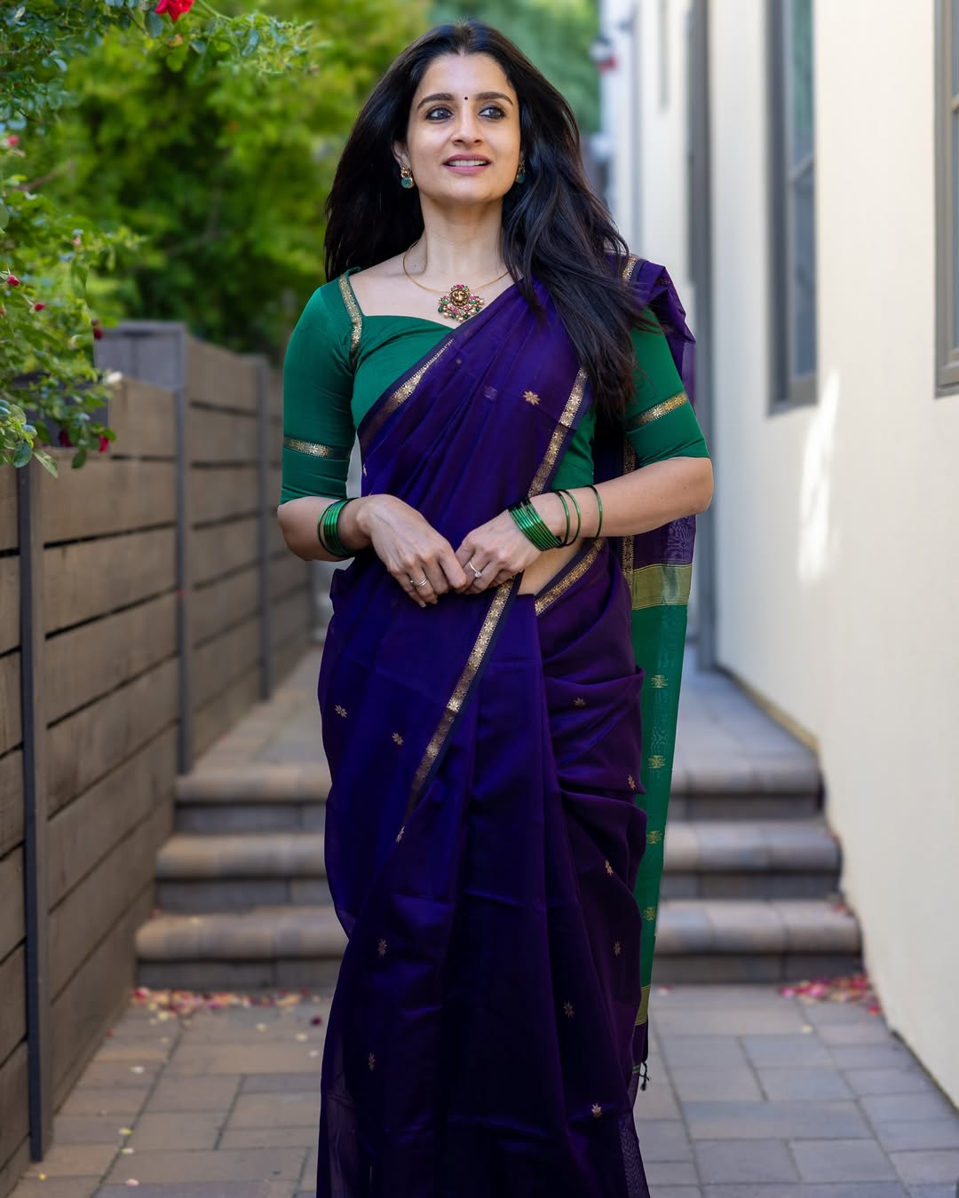 Traditional Purple Cotton Silk Saree With Verdant Blouse Piece