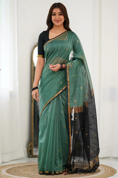Vibrant Sea Green Cotton Silk Saree With Inimitable Blouse Piece