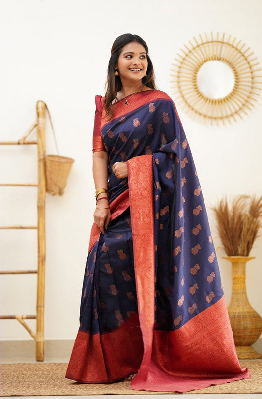 Magnetic Navy Blue Soft Silk Saree With Fragrant Blouse Piece