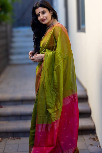 Sizzling Green Soft Silk Saree With Glowing Blouse Piece