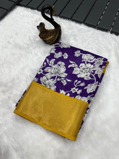 Captivating Royal Blue Digital Printed Dola Silk Saree With Appealing Blouse Piece