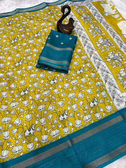Girlish Mustard Digital Printed Dola Silk Saree With Captivating Blouse Piece