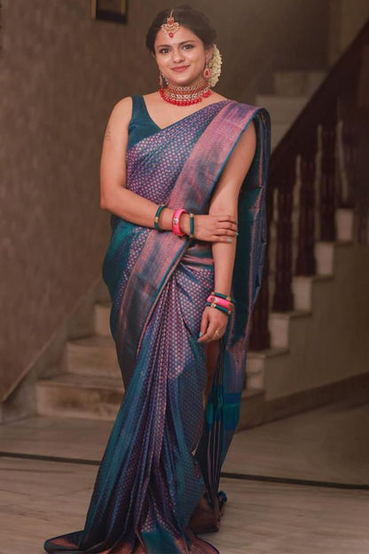 Charming Rama Soft Silk Saree With Preferable Blouse Piece