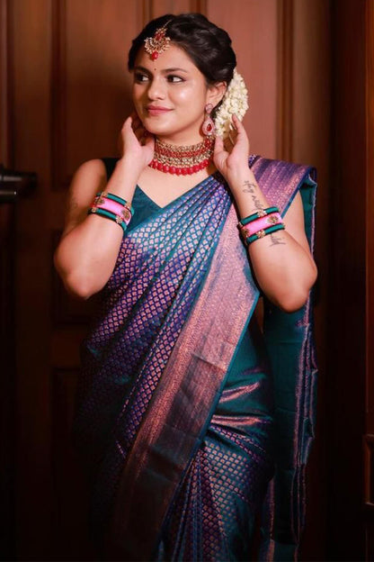 Charming Rama Soft Silk Saree With Preferable Blouse Piece