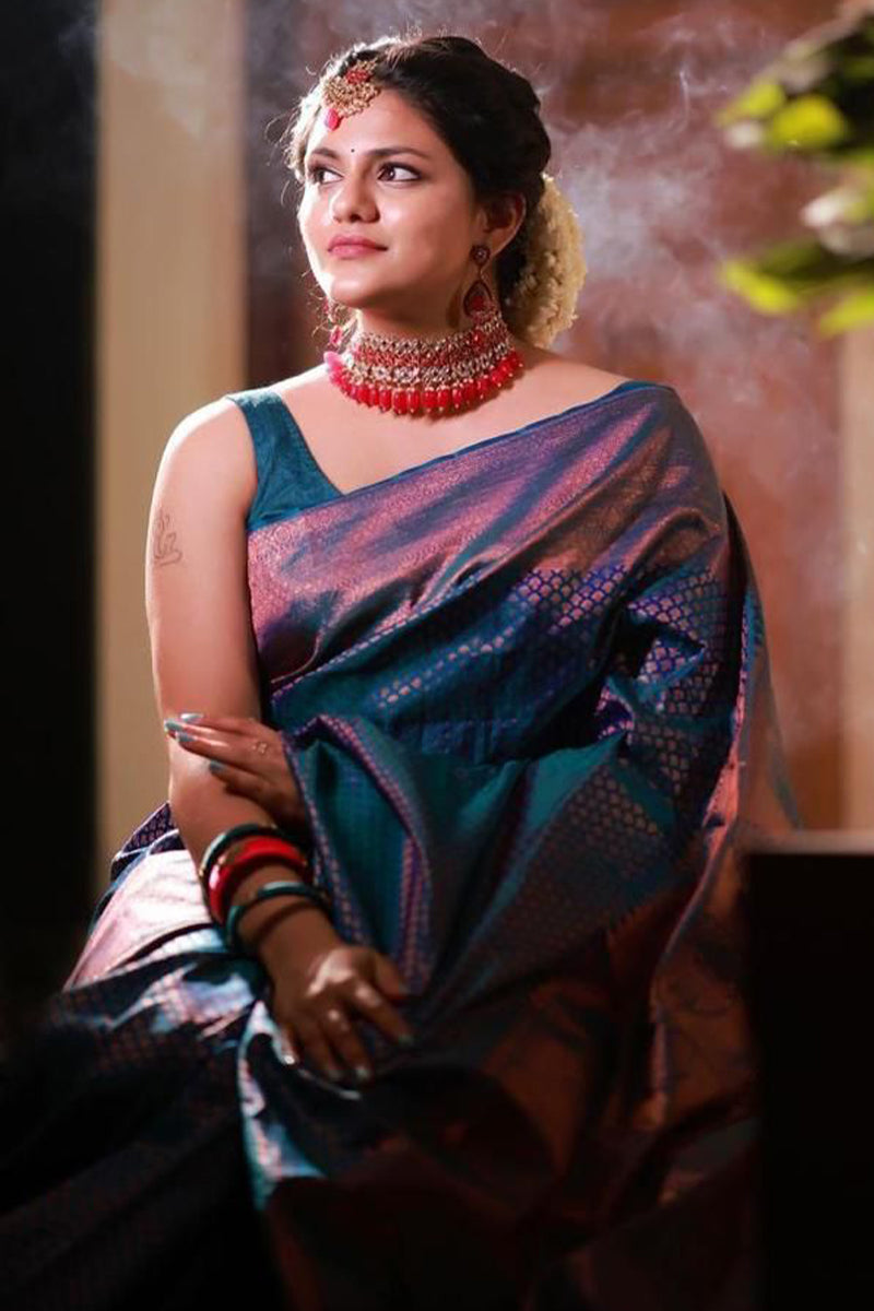 Charming Rama Soft Silk Saree With Preferable Blouse Piece