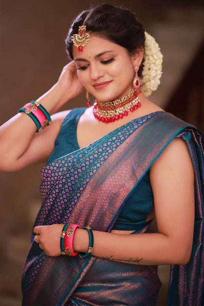 Charming Rama Soft Silk Saree With Preferable Blouse Piece