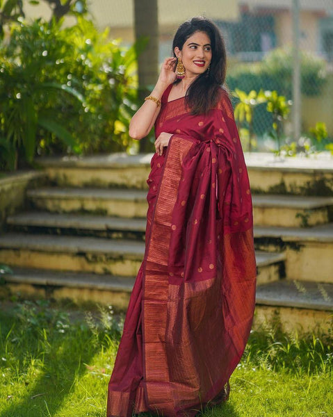 Mellifluous Maroon Soft Silk Saree With Elision Blouse Piece