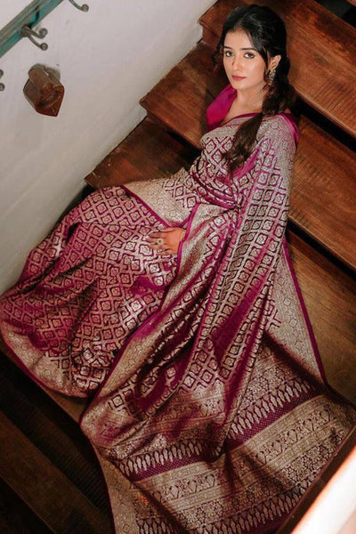 Smart Wine Soft Silk Saree With Flameboyant Blouse Piece
