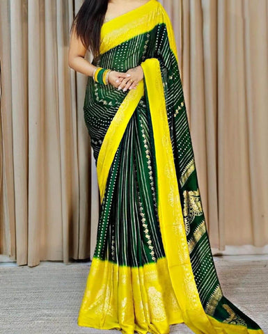 Amiable Dark Green Digital Printed Chiffon Saree With Vivacious Blouse Piece