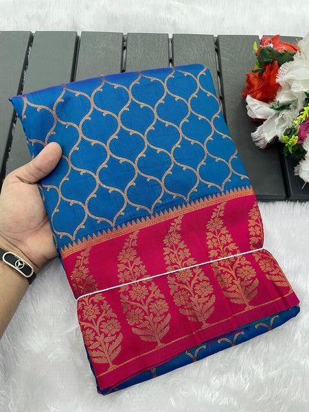 Adoring Navy Blue Soft Banarasi Silk Saree With Brood Blouse Piece
