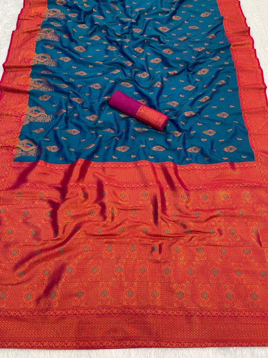 Profuse Navy Blue Soft Banarasi Silk Saree With Winsome Blouse Piece