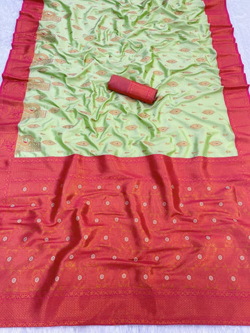 Beguiling Pista Soft Banarasi Silk Saree With Nebula Blouse Piece