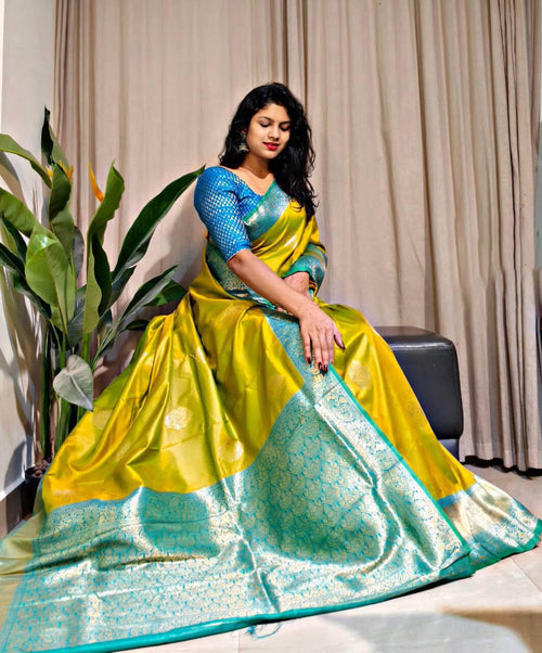 Bewitching Mustard Soft Banarasi Silk Saree With Dalliance Blouse Piece