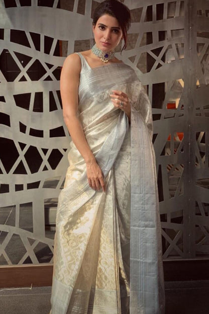 Bollywood Style Silver Soft Tissue Silk Saree With Winsome Blouse Piece